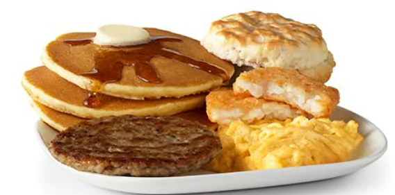 McDonald's Big Breakfast on a plate, showcasing pancakes, sausage, biscuits, and eggs in a hearty meal presentation.